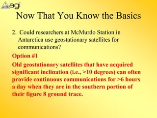 Now That You Know the Basics
2. Could researchers at McMurdo Station in
Antarctica use geostationary satellites for
communications?
Option #1
Old geostationary satellites that have acquired
significant inclination (i.e., >10 degrees) can often
provide continuous communications for >6 hours
a day when they are in the southern portion of
their figure 8 ground trace.
 