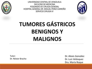UNIVERSIDADCENTRALDEVENEZUELA
FACULTADDEMEDICINA
POSGRADODECIRUGIAGENERAL
HOSPITALGENERALDR.MIGUELPEREZCARREÑO
SERVICIOCIRUGIAIV
TUMORES GÁSTRICOS
BENIGNOS Y
MALIGNOS
Dr. Alexis González
Dr. Luís Velásquez
Dra. María Roque
Tutor:
Dr. Néstor Bracho
 