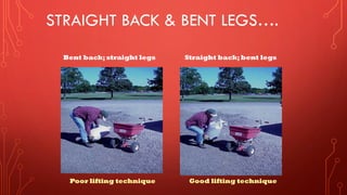 STRAIGHT BACK & BENT LEGS….
Poor lifting technique Good lifting technique
Bent back; straight legs Straight back; bent legs
 