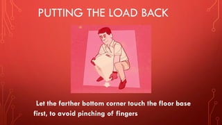 PUTTING THE LOAD BACK
Let the farther bottom corner touch the floor base
first, to avoid pinching of fingers
 