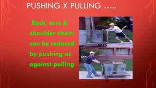 PUSHING X PULLING …..
Back, arm &
shoulder strain
can be reduced
by pushing as
against pulling
--------------------------------------
 