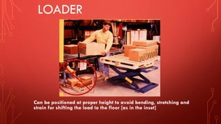 LOADER
Can be positioned at proper height to avoid bending, stretching and
strain for shifting the load to the floor [as in the inset]
 