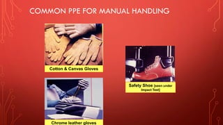 COMMON PPE FOR MANUAL HANDLING
Safety Shoe [seen under
Impact Test]
Chrome leather gloves
Cotton & Canvas Gloves
 