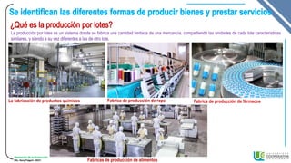 Planeación de la Producción
MSc. Henry Pulgarin - 20231
La producción por lotes es un sistema donde se fabrica una cantidad limitada de una mercancía, compartiendo las unidades de cada lote características
similares, y siendo a su vez diferentes a las de otro lote.
La fabricación de productos químicos
Fabricas de producción de alimentos
Fabrica de producción de ropa Fabrica de producción de fármacos
 