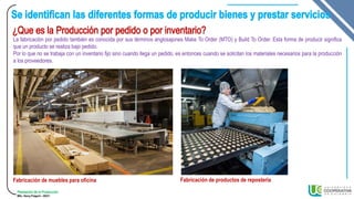 Planeación de la Producción
MSc. Henry Pulgarin - 20231
La fabricación por pedido también es conocida por sus términos anglosajones Make To Order (MTO) y Build To Order. Esta forma de producir significa
que un producto se realiza bajo pedido.
Por lo que no se trabaja con un inventario fijo sino cuando llega un pedido, es entonces cuando se solicitan los materiales necesarios para la producción
a los proveedores.
Fabricación de muebles para oficina Fabricación de productos de repostería
 