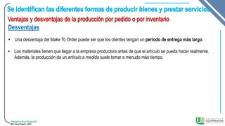 Planeación de la Producción
MSc. Henry Pulgarin - 20231
Desventajas
• Una desventaja del Make To Order puede ser que los clientes tengan un periodo de entrega más largo.
• Los materiales tienen que llegar a la empresa productora antes de que el artículo se pueda hacer realmente.
Además, la producción de un artículo a medida suele tomar a menudo más tiempo.
 