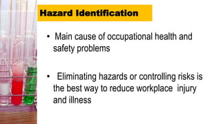 Hazard Identification
• Main cause of occupational health and
safety problems
• Eliminating hazards or controlling risks is
the best way to reduce workplace injury
and illness
 