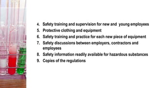 4. Safety training and supervision for new and young employees
5. Protective clothing and equipment
6. Safety training and practice for each new piece of equipment
7. Safety discussions between employers, contractors and
employees
8. Safety information readily available for hazardous substances
9. Copies of the regulations
 