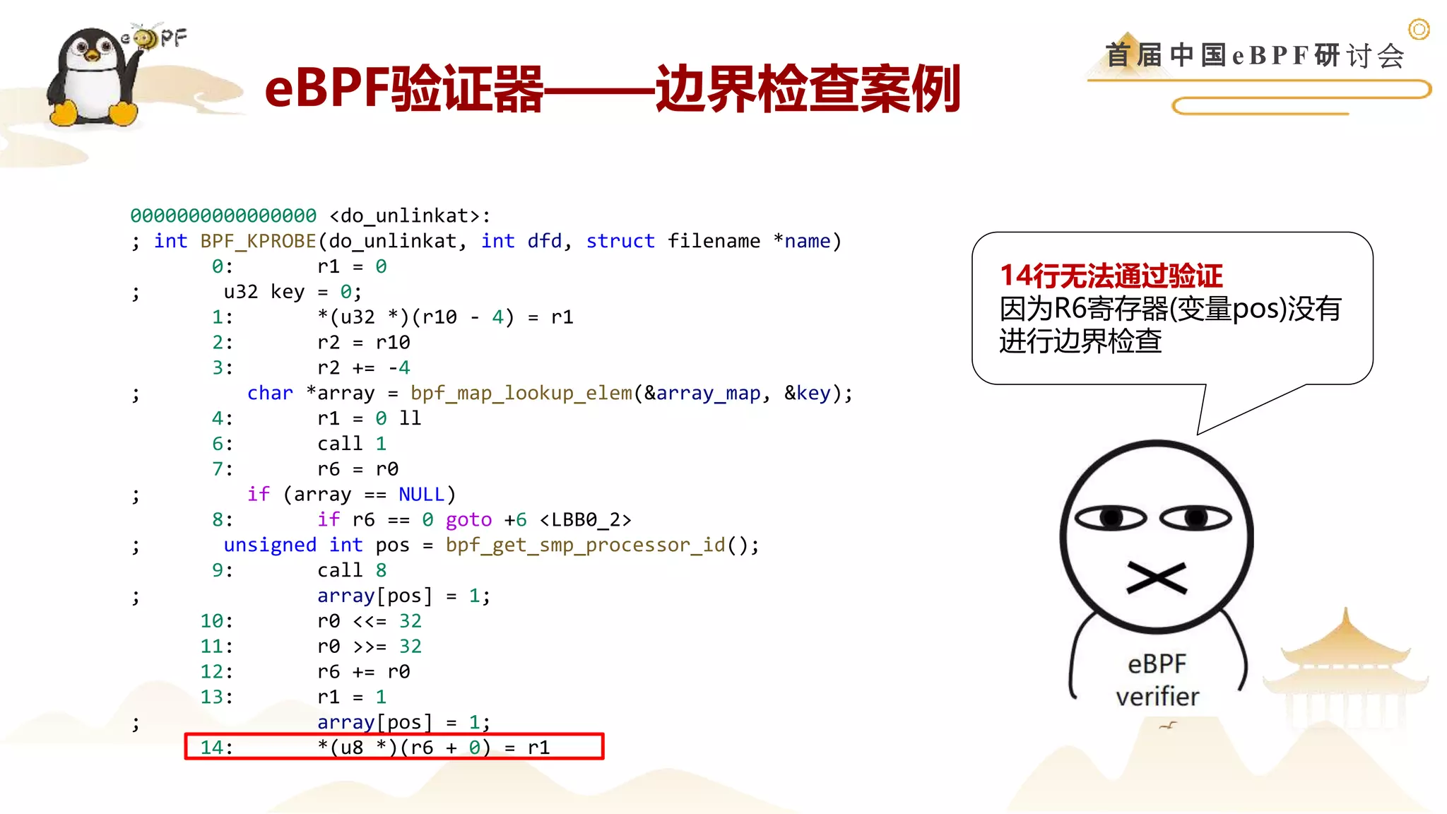 首 届 中 国 e B P F 研 讨 会
0000000000000000 <do_unlinkat>:
; int BPF_KPROBE(do_unlinkat, int dfd, struct filename *name)
0: r1 = 0
; u32 key = 0;
1: *(u32 *)(r10 - 4) = r1
2: r2 = r10
3: r2 += -4
; char *array = bpf_map_lookup_elem(&array_map, &key);
4: r1 = 0 ll
6: call 1
7: r6 = r0
; if (array == NULL)
8: if r6 == 0 goto +6 <LBB0_2>
; unsigned int pos = bpf_get_smp_processor_id();
9: call 8
; array[pos] = 1;
10: r0 <<= 32
11: r0 >>= 32
12: r6 += r0
13: r1 = 1
; array[pos] = 1;
14: *(u8 *)(r6 + 0) = r1
14行无法通过验证
因为R6寄存器(变量pos)没有
进行边界检查
eBPF验证器——边界检查案例
 