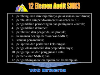 1. pembangunan dan terjaminnya pelaksanaan komitmen;
2. pembuatan dan pendokumentasian rencana K3;
3. pengendalian perancangan dan peninjauan kontrak;
4. pengendalian dokumen;
5. pembelian dan pengendalian produk;
6. keamanan bekerja berdasarkan SMK3;
7. standar pemantauan;
8. pelaporan dan perbaikan kekurangan;
9. pengelolaan material dan perpindahannya;
10. pengumpulan dan penggunaan data;
11. pemeriksaan SMK3; dan
12. pengembangan keterampilan dan kemampuan
 