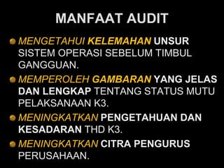 MANFAAT AUDIT
MENGETAHUI KELEMAHAN UNSUR
SISTEM OPERASI SEBELUM TIMBUL
GANGGUAN.
MEMPEROLEH GAMBARAN YANG JELAS
DAN LENGKAP TENTANG STATUS MUTU
PELAKSANAAN K3.
MENINGKATKAN PENGETAHUAN DAN
KESADARAN THD K3.
MENINGKATKAN CITRA PENGURUS
PERUSAHAAN.
 