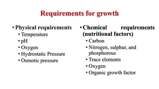 Requirements for growth
• Physical requirements
• Temperature
• pH
• Oxygen
• Hydrostatic Pressure
• Osmotic pressure
•Chemical requirements
(nutritional factors)
• Carbon
• Nitrogen, sulphur, and
phosphorous
• Trace elements
• Oxygen
• Organic growth factor
 