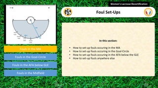Fouls in the MA
Fouls in the Goal-Circle
Fouls in the Midfield
In this section:
• How to set-up fouls occuring in the MA
• How to set-up fouls occuring in the Goal-Circle
• How to set-up fouls occuring in the AFA below the GLE
• How to set-up fouls anywhere else
Women's Lacrosse Recertification
Foul Set-Ups
Fouls in the AFA below GLE
video
 
