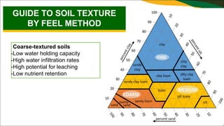 Coarse-textured soils
-Low water holding capacity
-High water infiltration rates
-High potential for leaching
-Low nutrient retention
GUIDE TO SOIL TEXTURE
BY FEEL METHOD
 