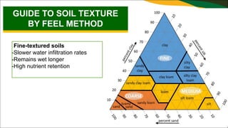 Fine-textured soils
-Slower water infiltration rates
-Remains wet longer
-High nutrient retention
GUIDE TO SOIL TEXTURE
BY FEEL METHOD
 