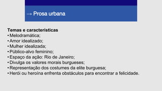 → Prosa urbana
Temas e características
•Melodramática;
•Amor idealizado;
•Mulher idealizada;
•Público-alvo feminino;
•Espaço da ação: Rio de Janeiro;
•Divulga os valores morais burgueses;
•Representação dos costumes da elite burguesa;
•Herói ou heroína enfrenta obstáculos para encontrar a felicidade.
 