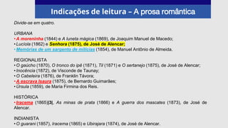 Indicações de leitura – A prosa romântica
Divide-se em quatro.
URBANA
•A moreninha (1844) e A luneta mágica (1869), de Joaquim Manuel de Macedo;
•Lucíola (1862) e Senhora (1875), de José de Alencar;
•Memórias de um sargento de milícias (1854), de Manuel Antônio de Almeida.
REGIONALISTA
•O gaúcho (1870), O tronco do ipê (1871), Til (1871) e O sertanejo (1875), de José de Alencar;
•Inocência (1872), de Visconde de Taunay;
•O Cabeleira (1876), de Franklin Távora;
•A escrava Isaura (1875), de Bernardo Guimarães;
•Úrsula (1859), de Maria Firmina dos Reis.
HISTÓRICA
•Iracema (1865)|3|, As minas de prata (1866) e A guerra dos mascates (1873), de José de
Alencar.
INDIANISTA
•O guarani (1857), Iracema (1865) e Ubirajara (1874), de José de Alencar.
 