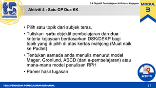 3.4 Objektif Pembelajaran & Kriteria Kejayaan
Aktiviti 4 : Satu OP Dua KK
17
TS25 : PENGGERAK PEMBELAJARAN BERMAKNA
• Pilih satu topik dari subjek teras.
• Tuliskan satu objektif pembelajaran dan dua
kriteria kejayaan berdasarkan DSK/DSKP bagi
topik yang di pilih di atas kertas mahjong (Muat naik
ke Padlet)
• Tentukan samada anda menulis menurut model
Mager, Gronlund, ABCD (dari e-pembelajaran) atau
mana-mana model penulisan RPH
• Pamer hasil tugasan
 
