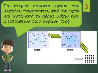 3
Τα στερεά σώματα έχουν πιο
μεγάλες πυκνότητες από τα υγρά
και αυτά από τα αέρια, λόγω των
αποστάσεων των μορίων τους
 