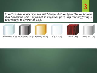 3
Τα καβάκια είναι κατασκευασμένα από διάφορα υλικά και έχουν όλα τον ίδιο όγκο
αλλά διαφορετική μάζα. Ταξινόμησέ τα σύμφωνα με τη μάζα τους αρχίζοντας με
αυτό που έχει τη μεγαλύτερη μάζα.
 