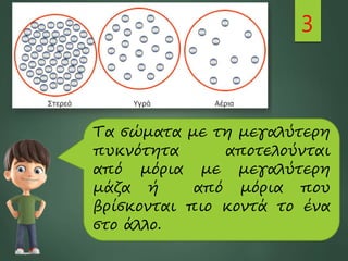 3
Τα σώματα με τη μεγαλύτερη
πυκνότητα αποτελούνται
από μόρια με μεγαλύτερη
μάζα ή από μόρια που
βρίσκονται πιο κοντά το ένα
στο άλλο.
 