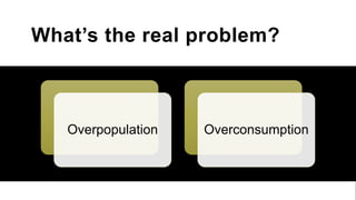What’s the real problem?
Overpopulation Overconsumption
 