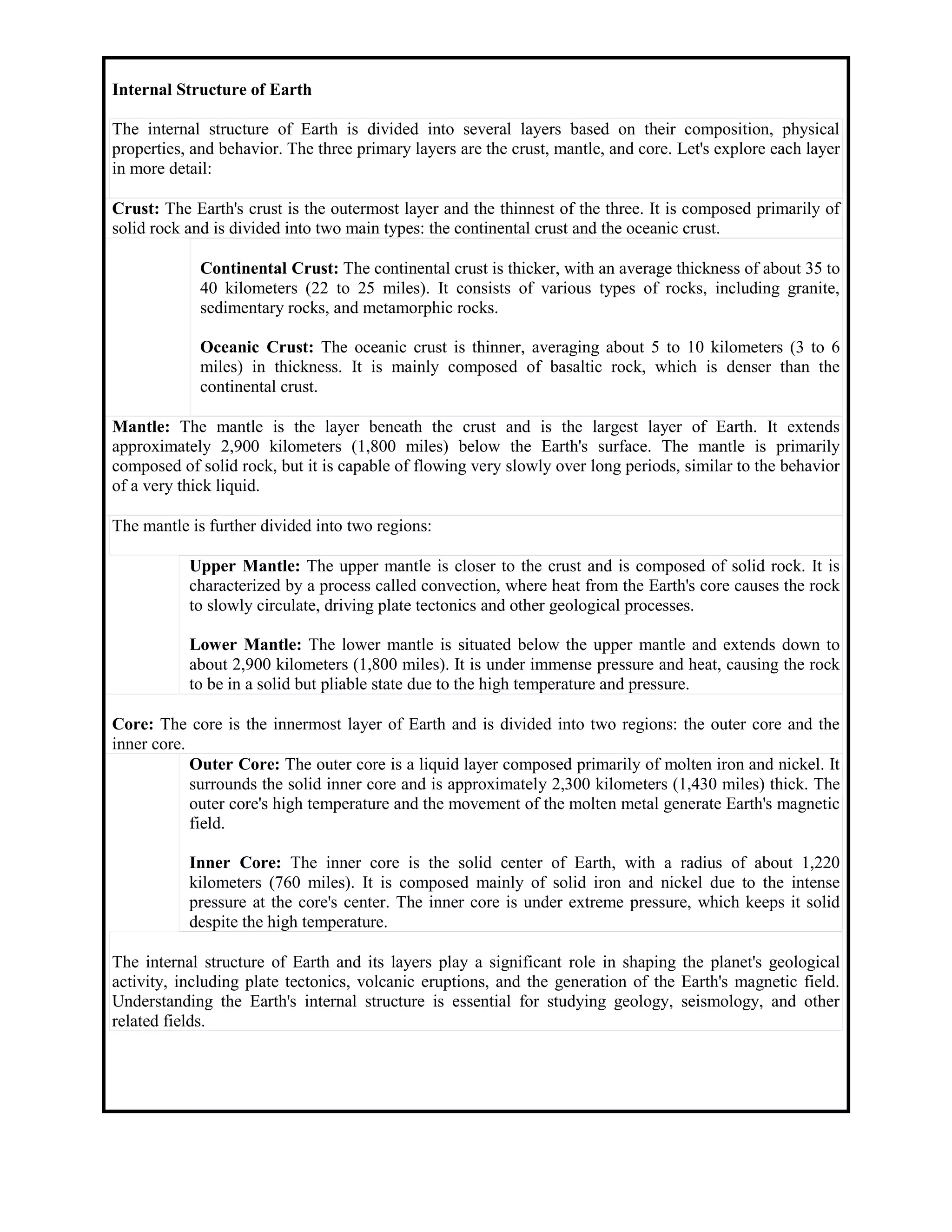 Internal Structure of Earth
The internal structure of Earth is divided into several layers based on their composition, physical
properties, and behavior. The three primary layers are the crust, mantle, and core. Let's explore each layer
in more detail:
Crust: The Earth's crust is the outermost layer and the thinnest of the three. It is composed primarily of
solid rock and is divided into two main types: the continental crust and the oceanic crust.
Continental Crust: The continental crust is thicker, with an average thickness of about 35 to
40 kilometers (22 to 25 miles). It consists of various types of rocks, including granite,
sedimentary rocks, and metamorphic rocks.
Oceanic Crust: The oceanic crust is thinner, averaging about 5 to 10 kilometers (3 to 6
miles) in thickness. It is mainly composed of basaltic rock, which is denser than the
continental crust.
Mantle: The mantle is the layer beneath the crust and is the largest layer of Earth. It extends
approximately 2,900 kilometers (1,800 miles) below the Earth's surface. The mantle is primarily
composed of solid rock, but it is capable of flowing very slowly over long periods, similar to the behavior
of a very thick liquid.
The mantle is further divided into two regions:
Upper Mantle: The upper mantle is closer to the crust and is composed of solid rock. It is
characterized by a process called convection, where heat from the Earth's core causes the rock
to slowly circulate, driving plate tectonics and other geological processes.
Lower Mantle: The lower mantle is situated below the upper mantle and extends down to
about 2,900 kilometers (1,800 miles). It is under immense pressure and heat, causing the rock
to be in a solid but pliable state due to the high temperature and pressure.
Core: The core is the innermost layer of Earth and is divided into two regions: the outer core and the
inner core.
Outer Core: The outer core is a liquid layer composed primarily of molten iron and nickel. It
surrounds the solid inner core and is approximately 2,300 kilometers (1,430 miles) thick. The
outer core's high temperature and the movement of the molten metal generate Earth's magnetic
field.
Inner Core: The inner core is the solid center of Earth, with a radius of about 1,220
kilometers (760 miles). It is composed mainly of solid iron and nickel due to the intense
pressure at the core's center. The inner core is under extreme pressure, which keeps it solid
despite the high temperature.
The internal structure of Earth and its layers play a significant role in shaping the planet's geological
activity, including plate tectonics, volcanic eruptions, and the generation of the Earth's magnetic field.
Understanding the Earth's internal structure is essential for studying geology, seismology, and other
related fields.
 