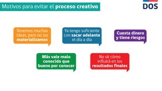 Motivos para evitar el proceso creativo
Tenemos muchas
ideas, pero no las
materializamos
Más vale malo
conocido que
bueno por conocer
No sé cómo
influirá en los
resultados finales
Ya tengo suficiente
con sacar adelante
el día a día
Cuesta dinero
y tiene riesgos
 
