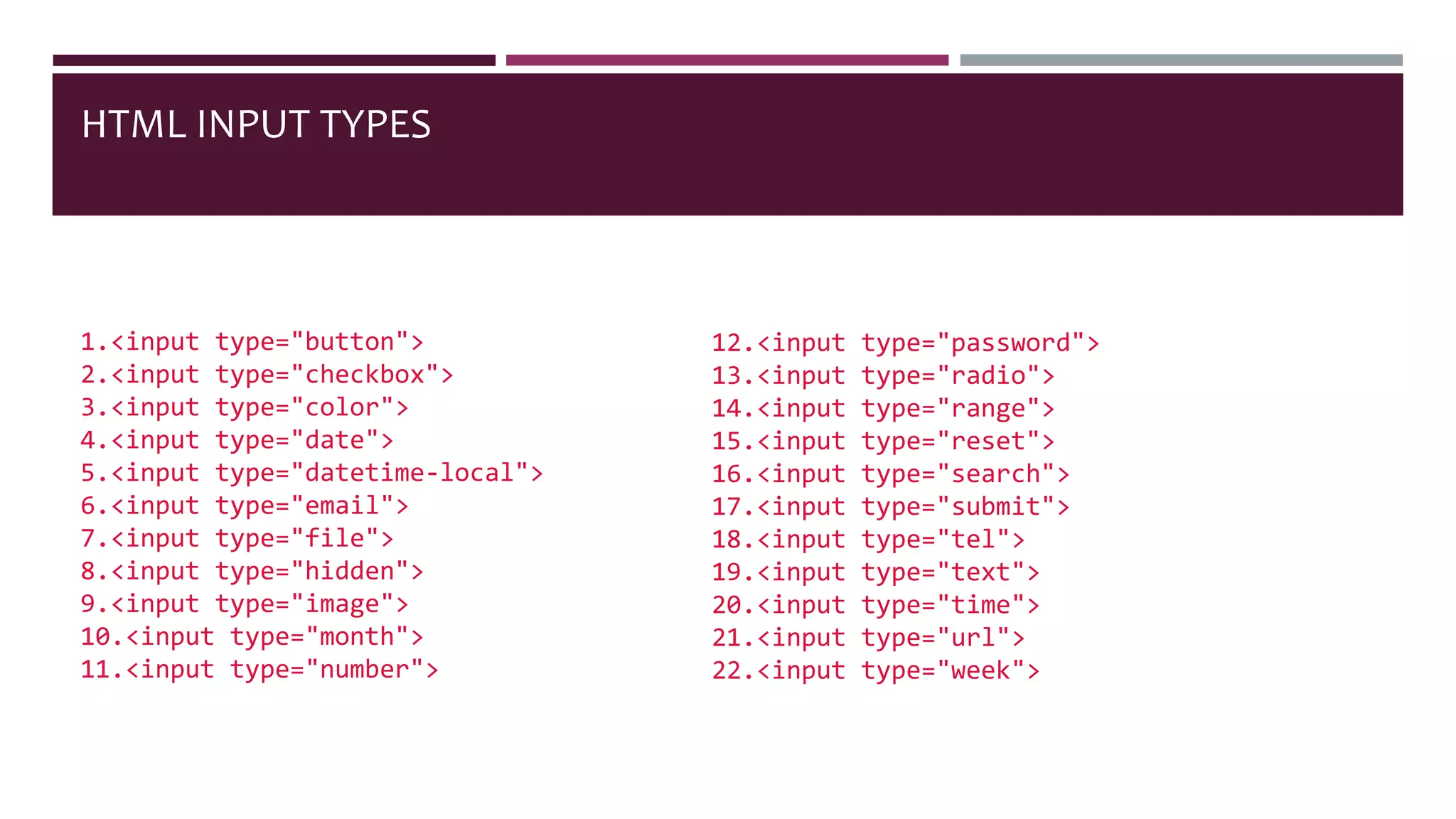HTML INPUT TYPES
1.<input type="button">
2.<input type="checkbox">
3.<input type="color">
4.<input type="date">
5.<input type="datetime-local">
6.<input type="email">
7.<input type="file">
8.<input type="hidden">
9.<input type="image">
10.<input type="month">
11.<input type="number">
12.<input type="password">
13.<input type="radio">
14.<input type="range">
15.<input type="reset">
16.<input type="search">
17.<input type="submit">
18.<input type="tel">
19.<input type="text">
20.<input type="time">
21.<input type="url">
22.<input type="week">
 
