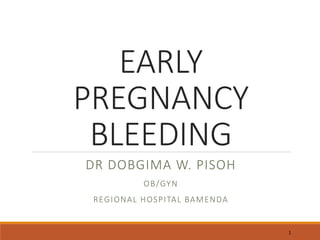 EARLY
PREGNANCY
BLEEDING
DR DOBGIMA W. PISOH
OB/GYN
REGIONAL HOSPITAL BAMENDA
1
 