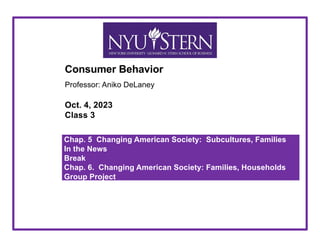 Introduction to Marketing
Consumer Behavior
Professor: Aniko DeLaney
Oct. 4, 2023
Class 3
Chap. 5 Changing American Society: Subcultures, Families
In the News
Break
Chap. 6. Changing American Society: Families, Households
Group Project
 