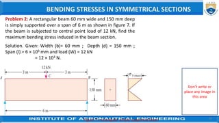 29
Problem 2: A rectangular beam 60 mm wide and 150 mm deep
is simply supported over a span of 6 m as shown in figure 7. If
the beam is subjected to central point load of 12 kN, find the
maximum bending stress induced in the beam section.
Solution. Given: Width (b)= 60 mm ; Depth (d) = 150 mm ;
Span (l) = 6 × 103 mm and load (W) = 12 kN
= 12 × 103 N.
Figure 7: rectangular simply supported beam
BENDING STRESSES IN SYMMETRICAL SECTIONS
Don’t write or
place any image in
this area
 