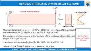 31
Maximum bending stress (σmax) = 40 MPa = 40 N/mm2 , Let l = Span of the cantilever beam.
The section modulus (Z) = bd2/6 = 80 x 1202/6 = 192 × 103 mm3
The maximum bending moment at the fixed end of the cantilever subjected to a point load at the free
end(M) = Wl = (6 × 103) × l
∴ Maximum bending stress [σb (max)] = 40 = M/Z = (6×103)×l / 192×103
l = 40 x 192×103 / (6×103) = 40 × 32 = 1280 mm = 1.28 m Ans.
Figure 8: A cantilever beam
BENDING STRESSES IN SYMMETRICAL SECTIONS
Don’t write or
place any image in
this area
 