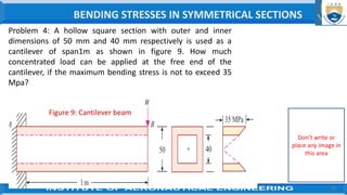 32
Problem 4: A hollow square section with outer and inner
dimensions of 50 mm and 40 mm respectively is used as a
cantilever of span1m as shown in figure 9. How much
concentrated load can be applied at the free end of the
cantilever, if the maximum bending stress is not to exceed 35
Mpa?
Figure 9: Cantilever beam
BENDING STRESSES IN SYMMETRICAL SECTIONS
Don’t write or
place any image in
this area
 