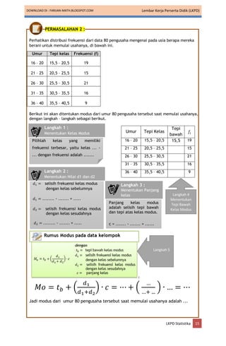 DOWNLOAD DI : FARIJAN-MATH.BLOGSPOT.COM Lembar Kerja Perserta Didik (LKPD)
LKPD Statistika 15
PERMASALAHAN 2 :
Perhatikan distribusi frekuensi dari data 80 pengusaha mengenai pada usia berapa mereka
berani untuk memulai usahanya, di bawah ini.
Umur Tepi kelas Frekuensi (f)
16 – 20 15,5 – 20,5 19
21 – 25 20,5 – 25,5 15
26 – 30 25,5 – 30,5 21
31 – 35 30,5 – 35,5 16
36 – 40 35,5 – 40,5 9
Berikut ini akan ditentukan modus dari umur 80 pengusaha tersebut saat memulai usahanya,
dengan langkah – langkah sebagai berikut.
Umur Tepi Kelas
Tepi
bawah
𝑓𝑖
16 – 20 15,5 – 20,5 15,5 19
21 – 25 20,5 – 25,5 15
26 – 30 25,5 – 30,5 21
31 – 35 30,5 – 35,5 16
36 – 40 35,5 – 40,5 9
𝑀𝑜 = 𝑡𝑏 + (
𝑑1
𝑑1+𝑑2
) ∙ 𝑐 = ⋯ + (
…
…+ ...
) ∙ … = ⋯
Jadi modus dari umur 80 pengusaha tersebut saat memulai usahanya adalah ...
Langkah 4
Menentukan
Tepi Bawah
Kelas Modus
Langkah 5
Pilihlah kelas yang memiliki
frekuensi terbesar, yaitu kelas ... -
... dengan frekuensi adalah .......
Langkah 1 :
Menentukan Kelas Modus
𝑑1 = selisih frekuensi kelas modus
dengan kelas sebelumnya
𝑑1 = ........ - ....... = .....
𝑑2 = selisih frekuensi kelas modus
dengan kelas sesudahnya
𝑑2 = ........ - ....... = .....
Langkah 2 :
Menentukan Nilai d1 dan d2
Panjang kelas modus
adalah selisih tepi bawah
dan tepi atas kelas modus.
c = ....... - ....... = ......
Langkah 3 :
Menentukan Panjang
kelas
 