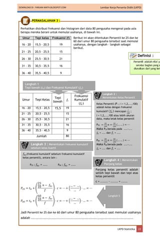 DOWNLOAD DI : FARIJAN-MATH.BLOGSPOT.COM Lembar Kerja Perserta Didik (LKPD)
LKPD Statistika 22
PERMASALAHAN 3 :
Perhatikan distribusi frekuensi dan histogram dari data 80 pengusaha mengenai pada usia
berapa mereka berani untuk memulai usahanya, di bawah ini.
Berikut ini akan ditentukan Persentil ke 25 dan ke
60 dari umur 80 pengusaha tersebut saat memulai
usahanya, dengan langkah – langkah sebagai
berikut.
Umur Tepi Kelas
Tepi
bawah
𝑓𝑖
Frekuensi
Kumulatif
(𝑓𝑘)
16 – 20 15,5 – 20,5 15,5 19
21 – 25 20,5 – 25,5 15
26 – 30 25,5 – 30,5 21
31 – 35 30,5 – 35,5 16
36 – 40 35,5 – 40,5 9
Jumlah 80
𝑃25 = 𝑡𝑏 + (
25
10
𝑛 − 𝑓𝑘𝑠
𝑓
) ⋅ 𝑐 = ⋯ + (
…− …
…
) ⋅ … = ⋯
𝑃60 = 𝑡𝑏 + (
60
10
𝑛 − 𝑓𝑘𝑠
𝑓
) ⋅ 𝑐 = ⋯ + (
…− …
…
) ⋅ … = ⋯
Jadi Persentil ke 25 dan ke 60 dari umur 80 pengusaha tersebut saat memulai usahanya
adalah .........................................................................................
Umur Tepi kelas Frekuensi (f)
16 – 20 15,5 – 20,5 19
21 – 25 20,5 – 25,5 15
26 – 30 25,5 – 30,5 21
31 – 35 30,5 – 35,5 16
36 – 40 35,5 – 40,5 9
Langkah 5
Kelas Persentil (P i ; i = 1,2,...,100)
adalah kelas dengan frekuensi
kumulatif (𝑓𝑘) mencapai
𝑖
100
;
i = 1,2,...,100 atau lebih ukuran
data, maka letak kelas persentil
P25 =
25
100
𝑛 =
25
100
(…… ) = ⋯
Maka P25 berada pada ....-....
𝑓𝑘 = .... dan 𝑓𝑖 = ....
P60 =
60
100
𝑛 =
60
100
(…… ) = ⋯
Maka P60 berada pada ....-....
𝑓𝑘 = .... dan 𝑓𝑖 = ....
Langkah 2 :
Menentukan Kelas Persentil
𝑓𝑘𝑠(frekuensi kumulatif sebelum frekuensi kumulatif
kelas persentil), antara lain :
P25 ; 𝑓𝑘𝑠 = .... P60 ; 𝑓𝑘𝑠 = ....
Langkah 3 : Menentukan frekuensi kumulatif
sebelum kelas kuartil
Panjang kelas persentil adalah
selisih tepi bawah dan tepi atas
kelas persentil
c = ....... - ....... = ......
Langkah 4 : Menentukan
Panjang kelas
Langkah 1
Tepi bawah (𝑡𝑏) dan Frekuensi Kumulatif (𝑓𝑘)
 