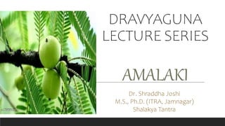 DRAVYAGUNA
LECTURE SERIES
AMALAKI
Dr. Shraddha Joshi
M.S., Ph.D. (ITRA, Jamnagar)
Shalakya Tantra
 