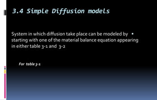 3.4 Simple Diffusion models

System in which diffusion take place can be modeled by
starting with one of the material balance equation appearing
in either table 3-1 and 3-2
For table 3-1
 