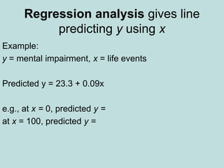 Regression analysis gives line
predicting y using x
Example:
y = mental impairment, x = life events
Predicted y = 23.3 + 0.09x
e.g., at x = 0, predicted y =
at x = 100, predicted y =
 
