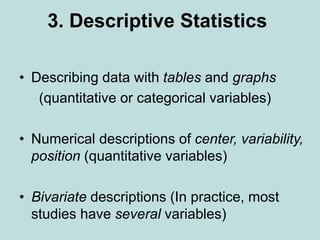 3. Descriptive Statistics
• Describing data with tables and graphs
(quantitative or categorical variables)
• Numerical descriptions of center, variability,
position (quantitative variables)
• Bivariate descriptions (In practice, most
studies have several variables)
 