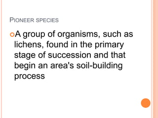 PIONEER SPECIES
A group of organisms, such as
lichens, found in the primary
stage of succession and that
begin an area's soil-building
process
 