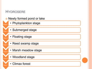 HYDROSERE
 Newly formed pond or lake
Stage 1
• Phytoplankton stage
Stage 2
• Submerged stage
Stage 3
• Floating stage
Stage 4
• Reed swamp stage
Stage 5
• Marsh meadow stage
Stage 6
• Woodland stage
Stage 7
• Climax forest
 
