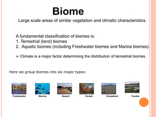 Biome
Large scale areas of similar vegetation and climatic characteristics.
A fundamental classification of biomes is:
1. Terrestrial (land) biomes
2. Aquatic biomes (including Freshwater biomes and Marine biomes).
 Climate is a major factor determining the distribution of terrestrial biomes.
Freshwater Marine Desert Forest Grassland Tundra
Here we group biomes into six major types:
 