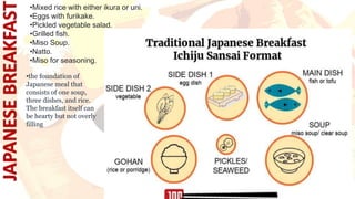 •Mixed rice with either ikura or uni.
•Eggs with furikake.
•Pickled vegetable salad.
•Grilled fish.
•Miso Soup.
•Natto.
•Miso for seasoning.
•the foundation of
Japanese meal that
consists of one soup,
three dishes, and rice.
The breakfast itself can
be hearty but not overly
filling
 