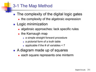Digital Circuits 3-1
3-1 The Map Method
 The complexity of the digital logic gates
 the complexity of the algebraic expression
 Logic minimization
 algebraic approaches: lack specific rules
 the Karnaugh map
 a simple straight forward procedure
 a pictorial form of a truth table
 applicable if the # of variables < 7
 A diagram made up of squares
 each square represents one minterm
 