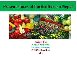 Present status of horticulture in Nepal
Prepared by
Umesh Timilsina
Assistant Professor
CNRM, Bardibas
AFU
 