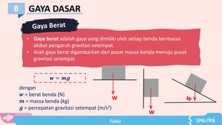 GAYA DASAR
B
dengan
𝒘 = berat benda (N)
𝒎 = massa benda (kg)
𝒈 = percepatan gravitasi setempat (m/s2)
• Gaya berat adalah gaya yang dimiliki oleh setiap benda bermassa
akibat pengaruh gravitasi setempat.
• Arah gaya berat digambarkan dari pusat massa benda menuju pusat
gravitasi setempat
𝒘 = 𝒎𝒈
 