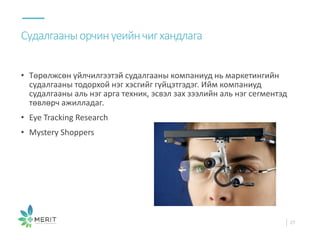 • Төрөлжсөн үйлчилгээтэй судалгааны компаниуд нь маркетингийн
судалгааны тодорхой нэг хэсгийг гүйцэтгэдэг. Ийм компаниуд
судалгааны аль нэг арга техник, эсвэл зах зээлийн аль нэг сегментэд
төвлөрч ажилладаг.
• Eye Tracking Research
• Mystery Shoppers
Судалгааныорчинүеийнчигхандлага
27
 