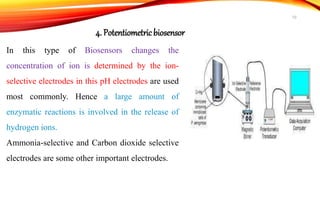 In this type of Biosensors changes the
concentration of ion is determined by the ion-
selective electrodes in this pH electrodes are used
most commonly. Hence a large amount of
enzymatic reactions is involved in the release of
hydrogen ions.
Ammonia-selective and Carbon dioxide selective
electrodes are some other important electrodes.
4. Potentiometricbiosensor
10
 