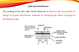 The working of the fiber optic lactate Biosensor is based on the measurement of
change in oxygen concentration, molecular by identifying the effects of oxygen in
the fluorescent dye.
9. fiberoptic lactateBiosensor
15
 